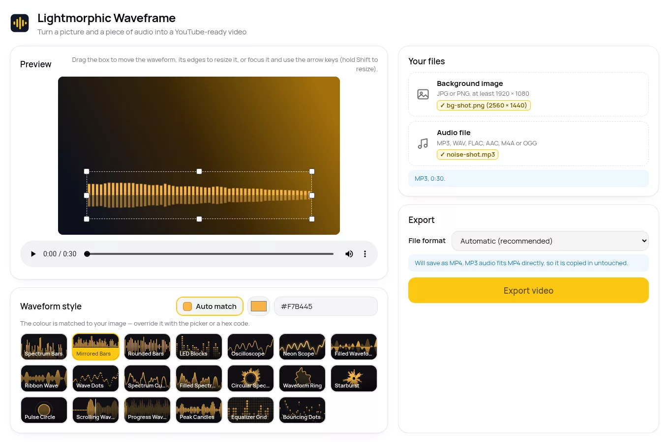 The Waveframe window: a background image in a 16:9 preview with a resizable waveform box over it, the style picker and colour controls below it, and file and export panels alongside.