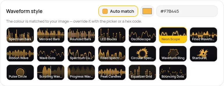 The style picker showing twenty animated waveform thumbnails in three rows, including bars, rings, dots, grids and scopes, with the colour controls on its heading row.